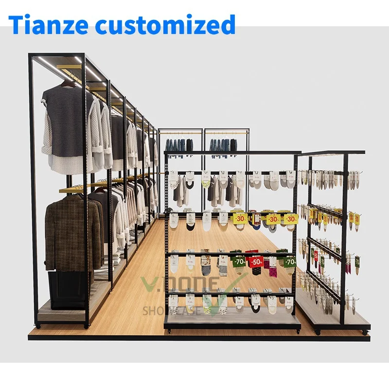 

[Customized]Guangzhou retail luxury double clothing display rack black cloth racks retail store stand metal g