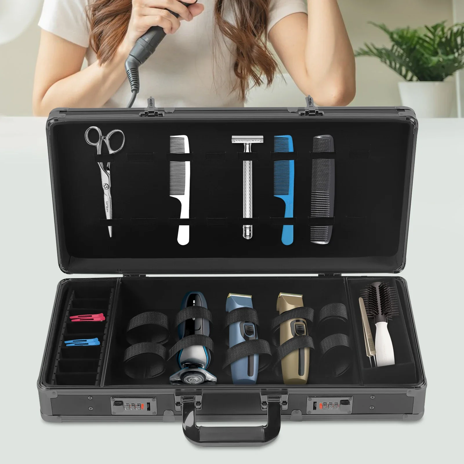 Barber Tool Box W/ Code Lock, Hair Salon Tool Travel Organizer Case, Multifunction Portable Barber Scissor Bag, 55x27x10cm