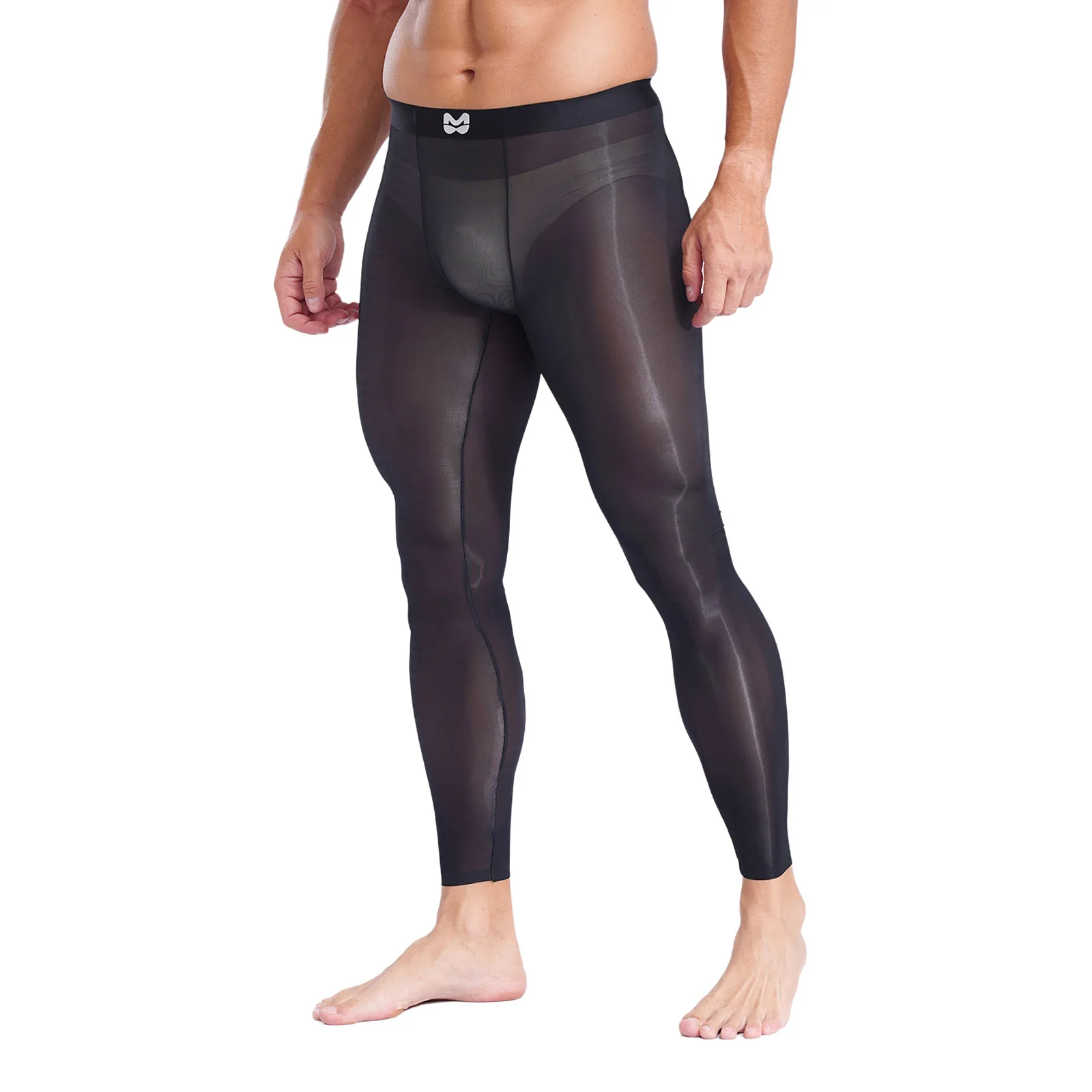 Mens Stretchy Ultra-Thin Leggings Ice Silky Yoga Fitness Leggings Bulge Pouch Tights See Through Pants for Gym Sports Workout