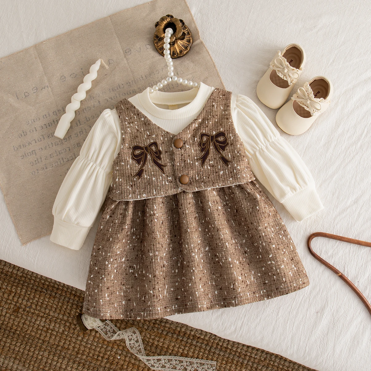 Autumn New Fake Two Piece Long Sleeved Baby Girl Dress, Sweet Bow Children'S Clothing Suitable For Babies Aged 0-3 Years