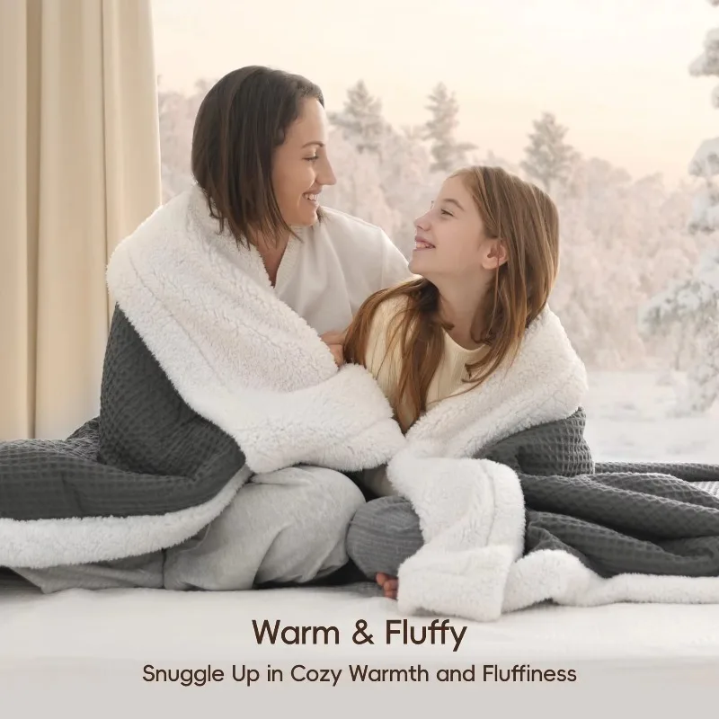 Waffle Sherpa Blanket Queen Size,  Luxury Plush Flannel Fleece Blanket for Winter, Cozy Soft & Reversible Waffle Weave Bedding