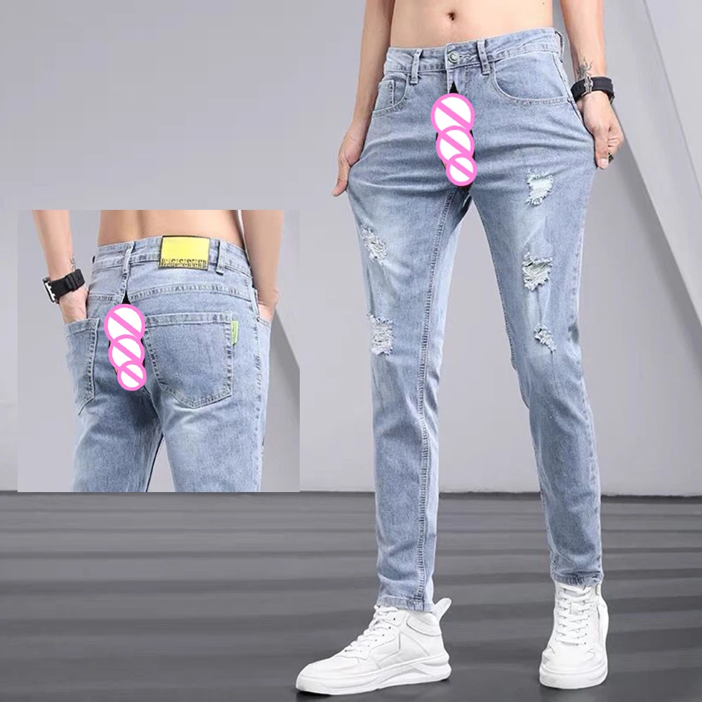 Fashion Youth Invisible Open Crotch Outdoor Sex Jeans Men Ripped Stretch Casual Pants Exoticism Slim Pencil Trousers Trend