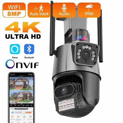 Cámara IP de doble pantalla 4K y 8MP, Wifi, resistente al agua, Color, visión nocturna IR, seguimiento automático, cámaras de vigilancia Wifi, aplicación ICSEE