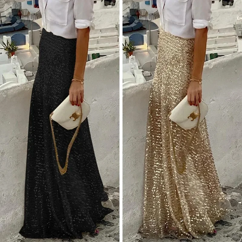 Elegant Shining Sequin Midi Skirt Sexy Luxurious Stretch Pleated Skirts Stylish Plus-Size Women Skirt Holiday High-Waisted Skirt