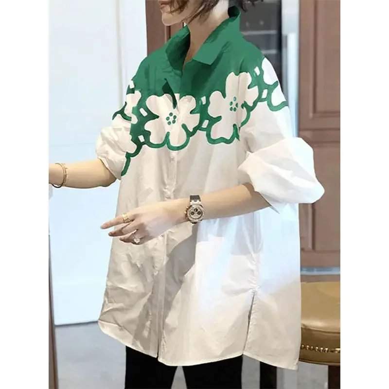 

Fashion Printed Spliced Button Asymmetrical Shirts Women's Clothing Autumn Winter Loose Commuter Tops Casual SQ20