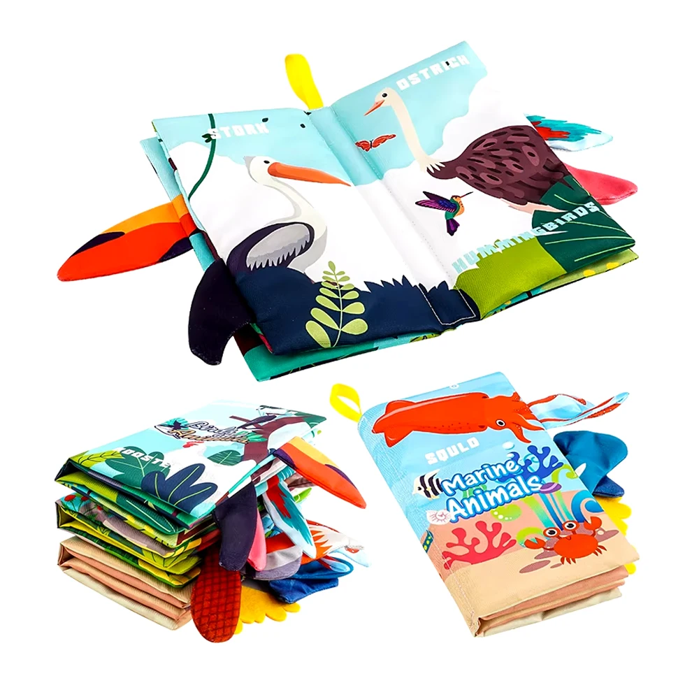 مجموعة كتب قماشية حسية ذات صوت مجعد 3 في 1 - ألعاب تفاعلية خالية من مادة BPA للحيوانات/البحرية/الطيور للأطفال من عمر 0 إلى 12 شهرًا |   مونتيسوري قابل للغسل