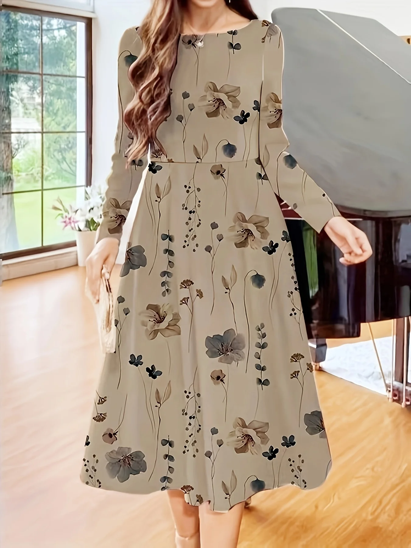 2024 Europe and the United States women's casual crew-neck printed long-sleeved pullover mid-length dress