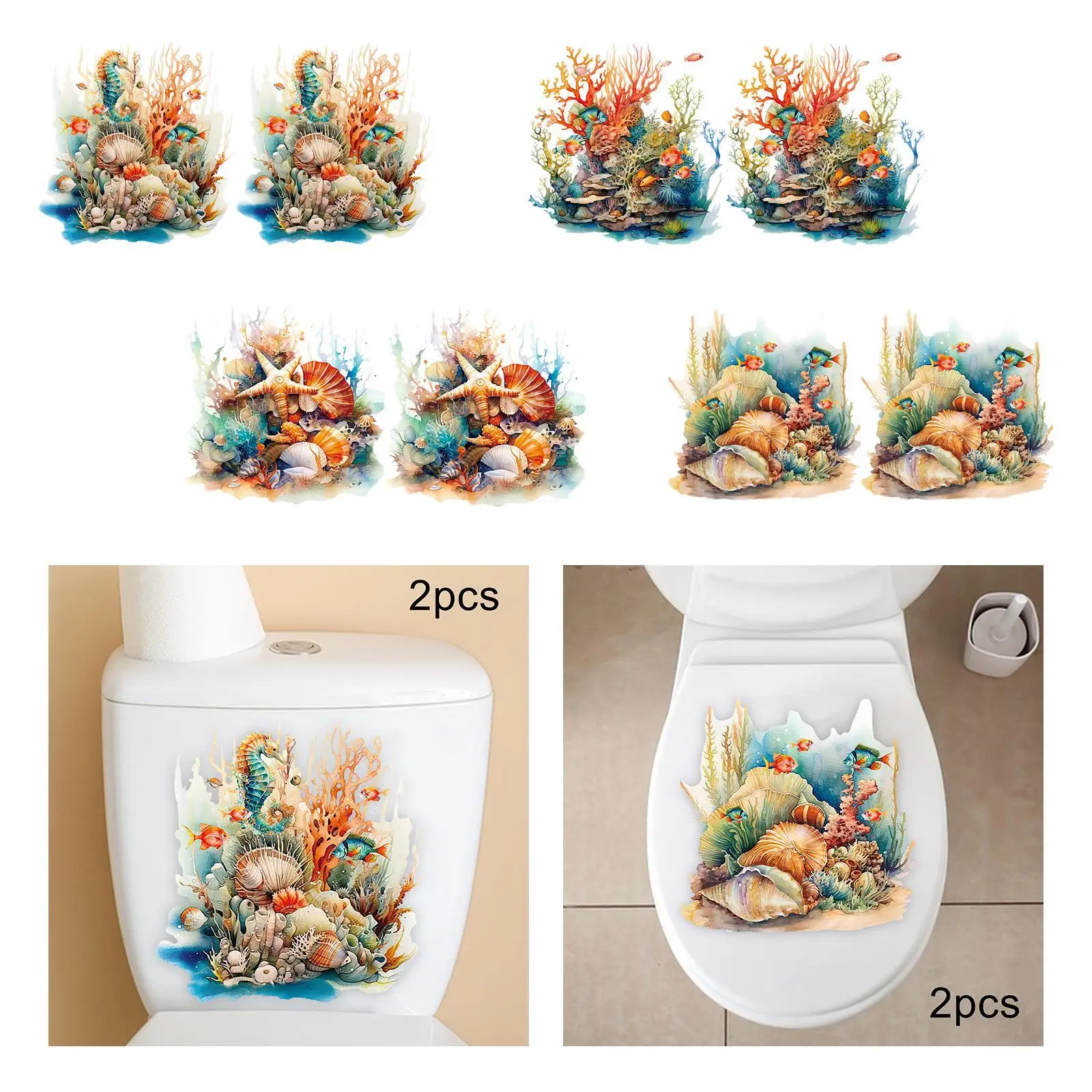 2Pcs Ocean Toilet Stickers Waterproof Removable Toilet Seat Lid Cover Stickers for Kitchen Kids Room Lavatory Washroom Window