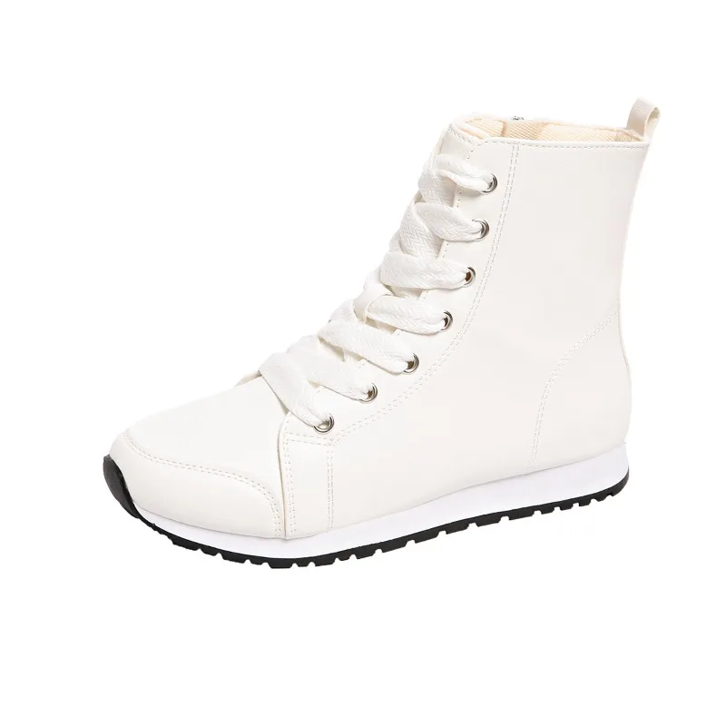 

Leather round Toe Short Boots Comfortable Casual High Top Flat Bottom Women's Shoes Soft Bottom Lace up Autumn Winter New Style