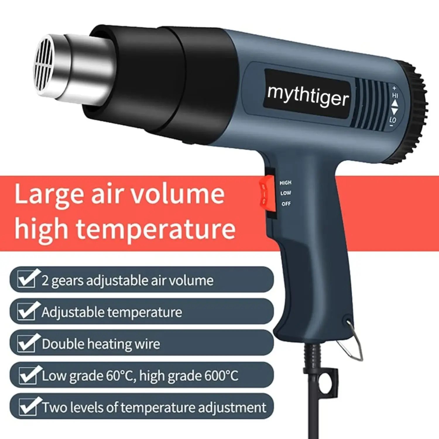 2000W Heat Gun Professional Hot Air Gun Adjustable Temperature 60-600 D 4 Nozzles for DIY Stripping Paint Shrinking PVC and Home