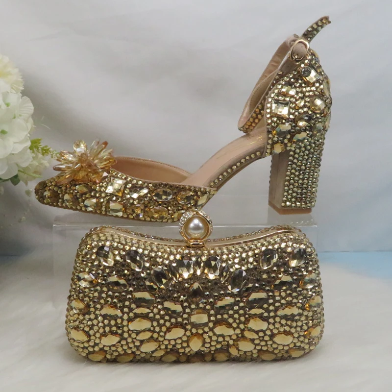 BaoYaFang Champagne Gold Wedding shoes and purse for Women Bridal Fashion High Pumps Party Shoe and bag Ankle Strap