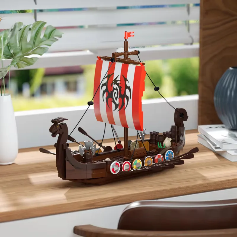 Barco vikingo MOC, pequeño barco pirata vikingo, modelo de bloques de construcción, colección de decoraciones para habitación de niños, juguetes creativos, regalos