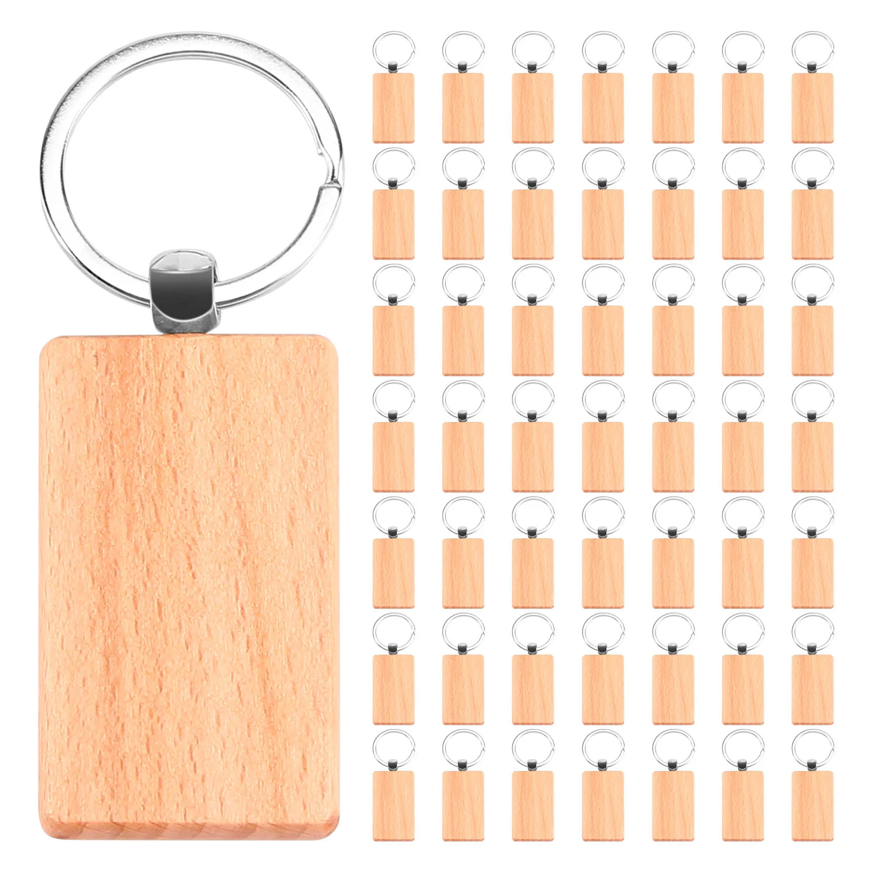 50 Blank Wooden Keychain Rectangular Engraving Key ID Can Be Engraved DIY