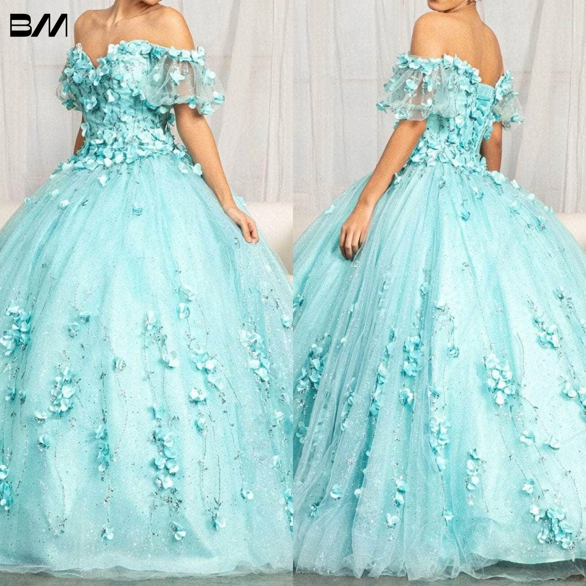 Abiti da Cocktail con maniche a spalle scoperte abito da ballo con Glitter floreali senza spalline Appliques floreali abito Quinceanera 2023