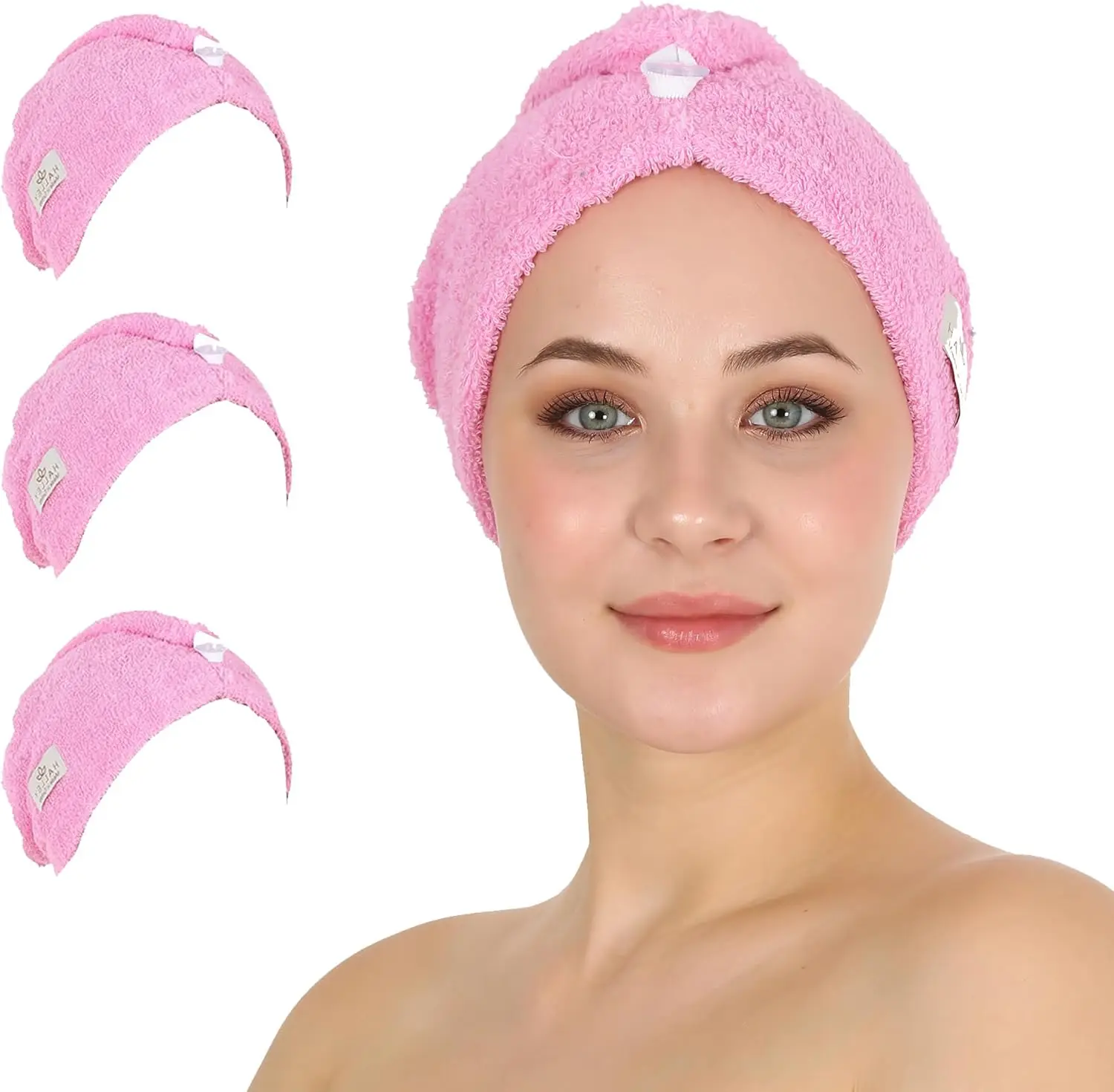 

Хлопковое полотенце-тюрбан для волос (3 шт.) супервпитывающее, быстросохнущее, для густых и влажных волос, с пуговицей, розовое