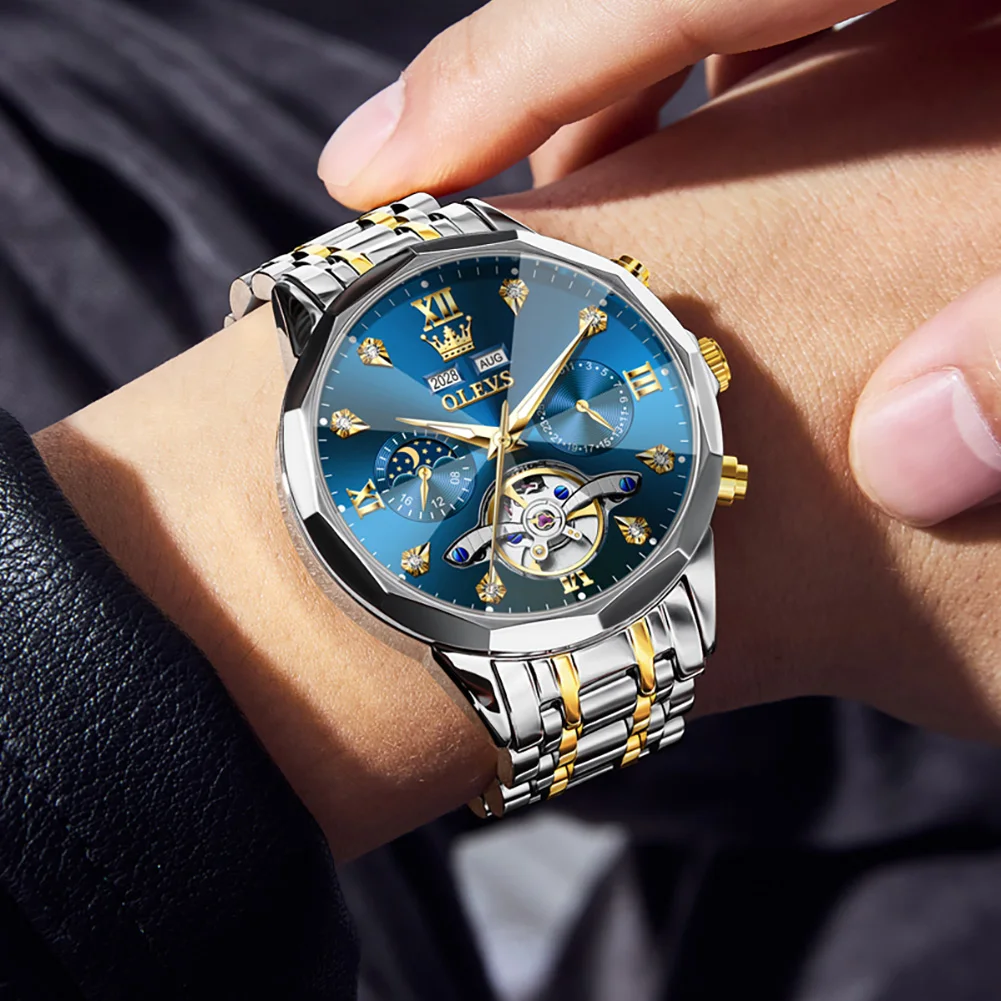 OLEVS الأصلي أزياء الرجال التلقائية الميكانيكية ووتش القمر المرحلة تاريخ الفولاذ المقاوم للصدأ للماء العلامة التجارية الأعلى توربيون الساعات #2