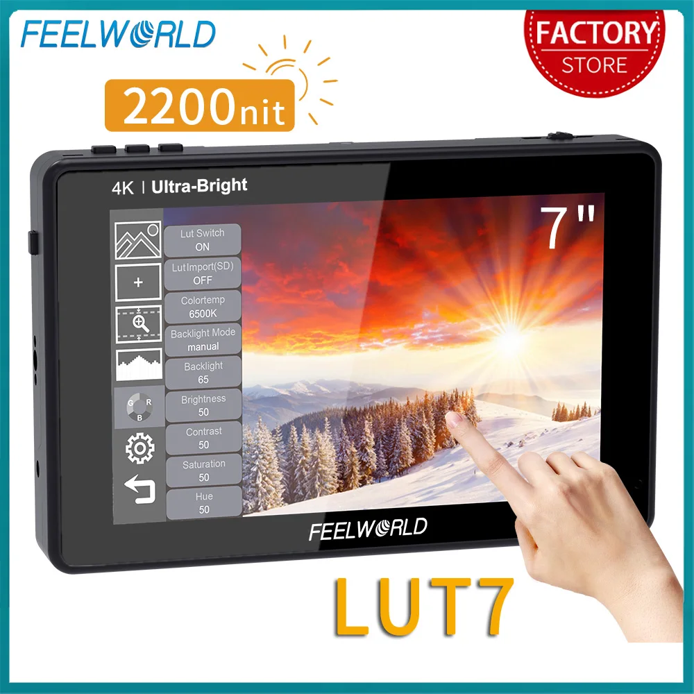 FEELWORLD LUT7 7 Inch 2200nits Touchscreen Camera Field Monitor with 3D LUT HDMI Input Output Waveform VectorScope Histogram