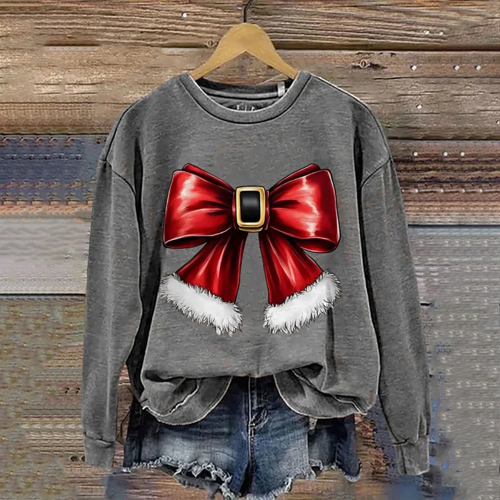 Women\'s Casual Sweatshirt Christmas Bow Print Design Autumn Thin Sweatshirt Girls Christmas Bow Gift Holiday Premium Hoodie