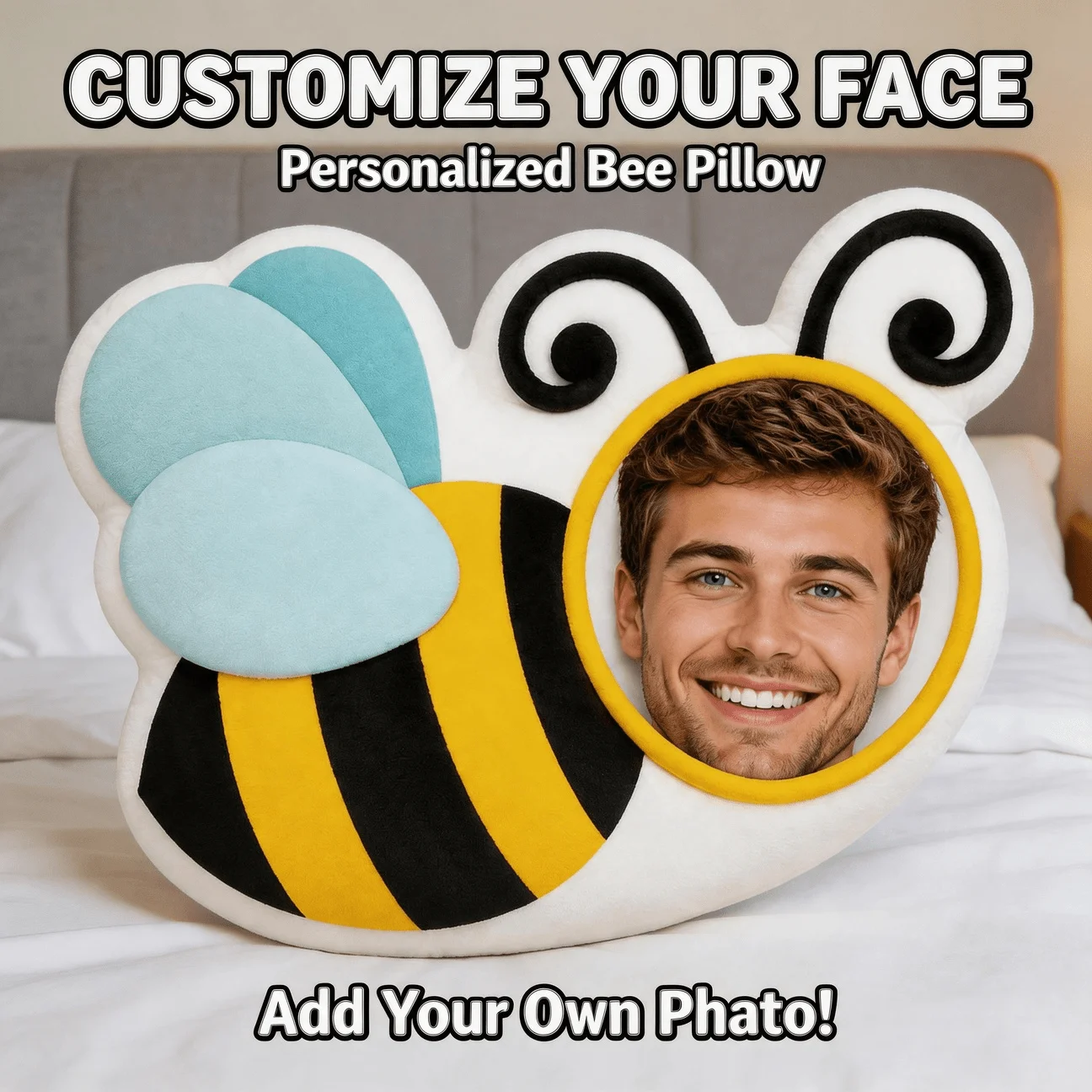 Custom Face Bee Shaped Pillow, Personalized Photo Decorative Cushion with Smiling Portrait, Unique Home Decor Accent for Sofa &