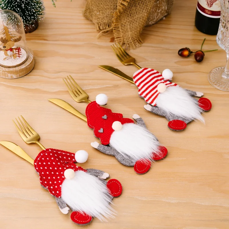 Christmas Tableware Bag Dinning Table Decorations Christmas Cutter Fork Sleeves Rudolph Gnome Silverware Holder Xmas Party Decor