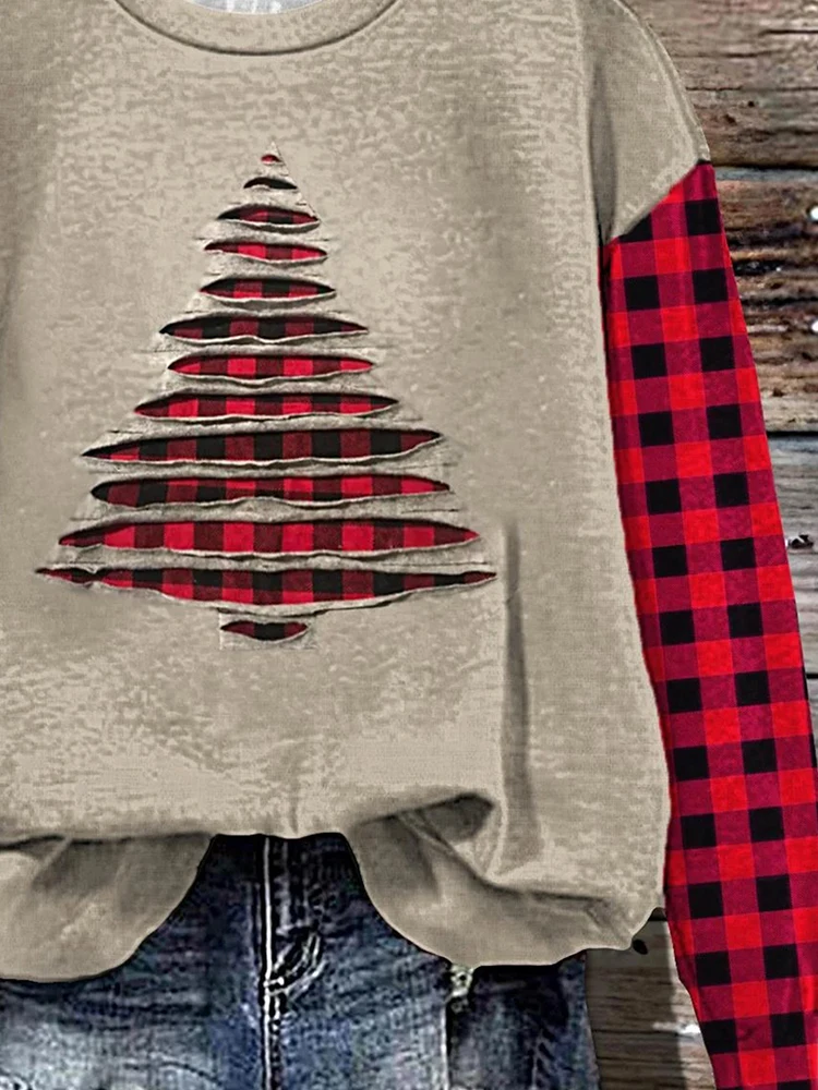 مقاس كبير - سويت شيرت نسائي بطباعة مجوفة لشجرة عيد الميلاد مقاس كبير - تصميم مرقع منقوش باللونين الأحمر والأسود #5