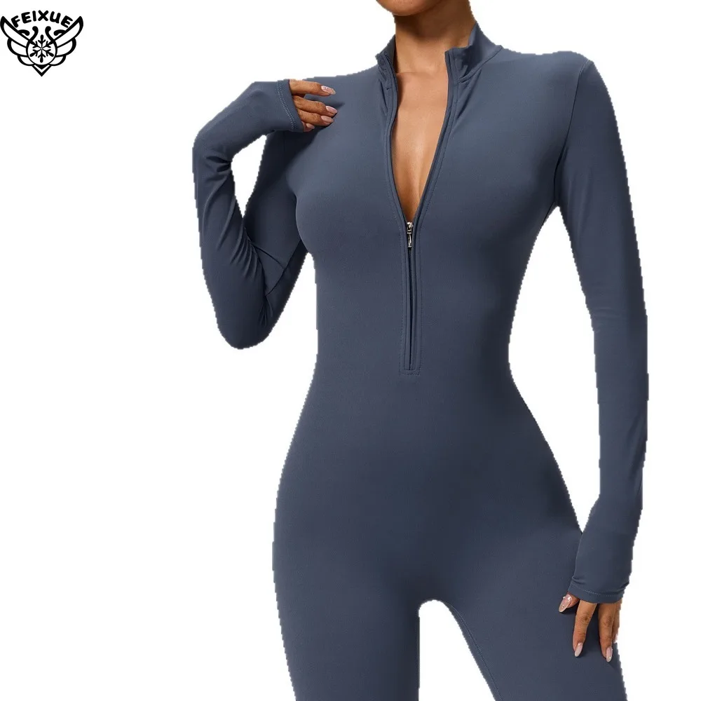 بدلة اليوغا المرجل بأكمام طويلة ملابس رياضية نسائية الصالة الرياضية سستة حللا تجريب عالية الكثافة اللياقة البدنية قطعة واحدة ملابس ضيقة الجلد