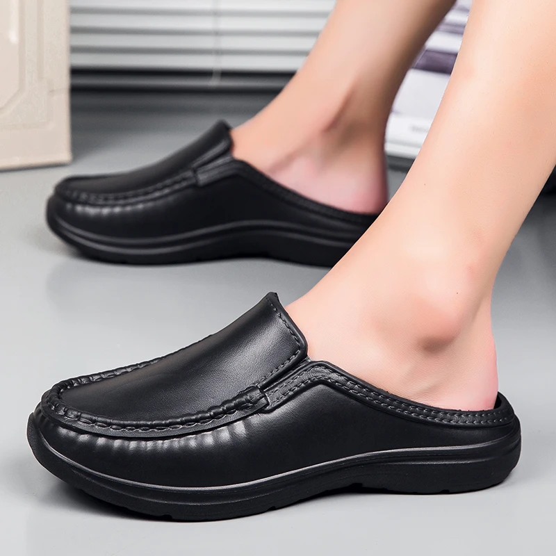 Chef shoes summer plus size baotou half slippers non slip oil resistant business casual men\'s chef shoes breathable leather shoe