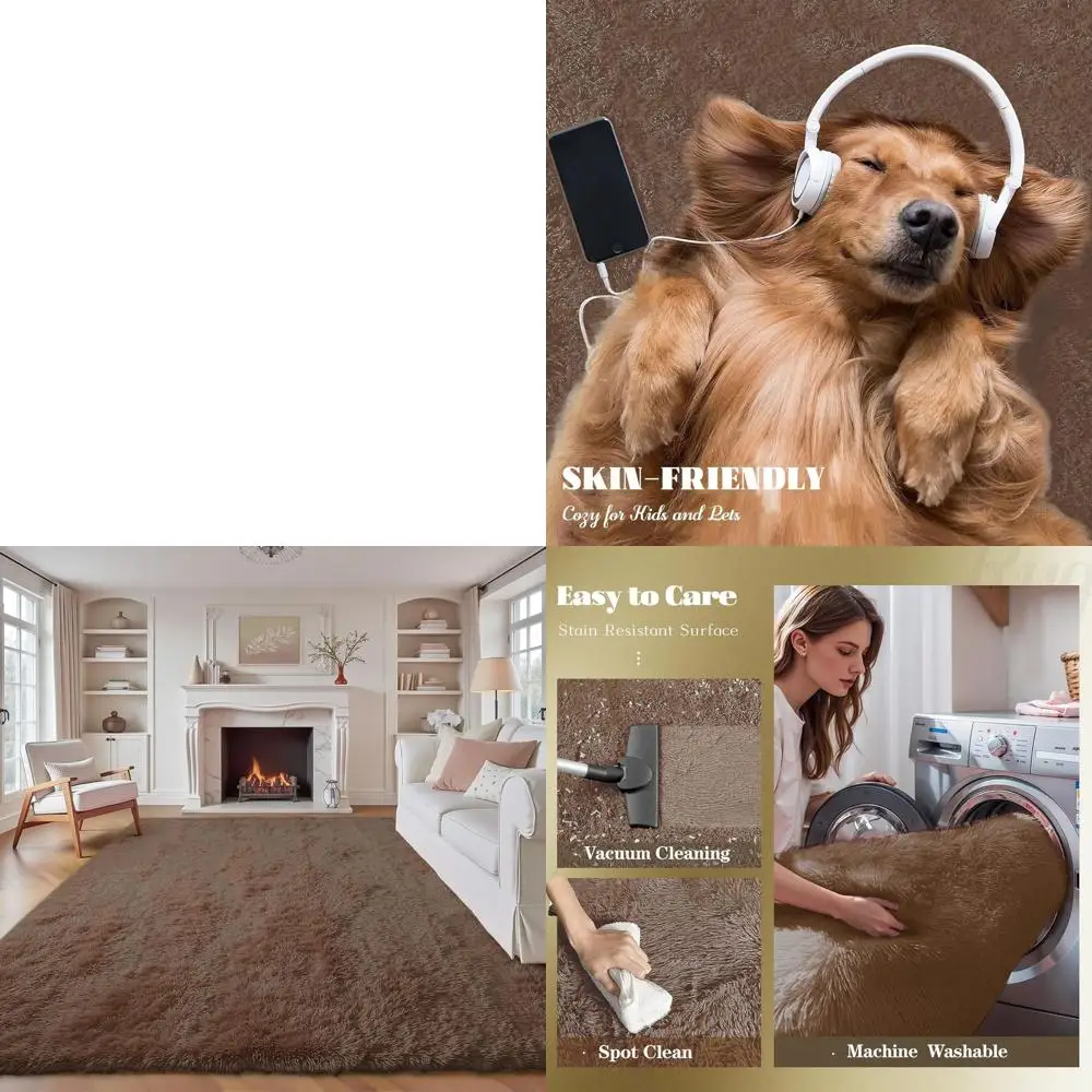 

8x10 Coffee Shag Rug, Plush and Washable, Ideal for Living Room, Bedrooms, and Kids' Play Areas