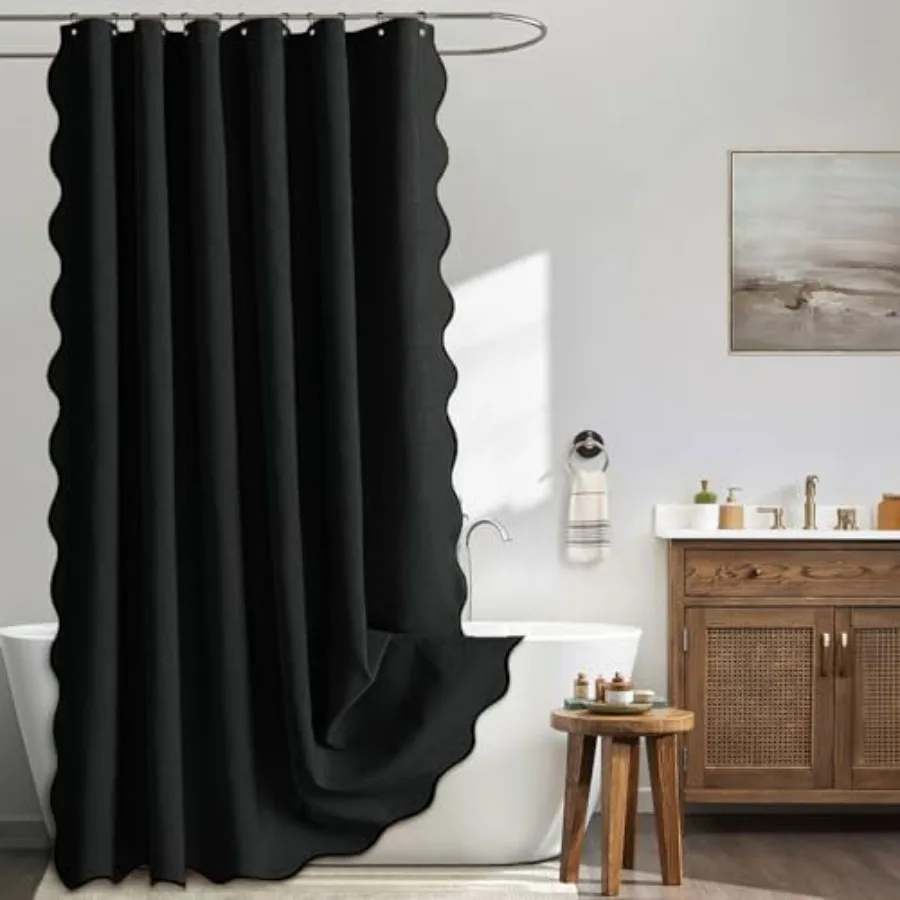 

Black Scalloped Shower Curtain Linen Textured with 12 Metal Hooks Cute Heavy Duty Washable Waterproof Thick Cloth Halloween Sho