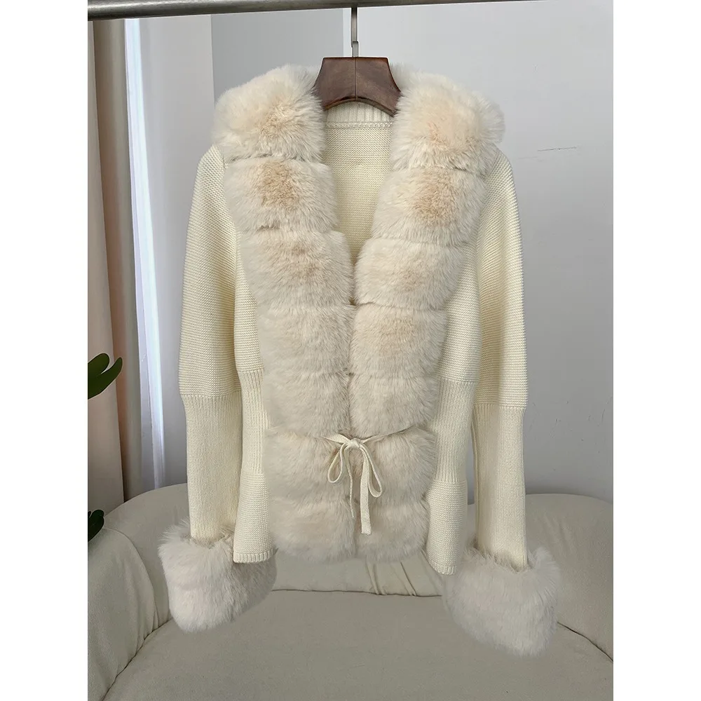 2024 Faux Fur Coat Luxury Patchwork Knit Sweater Bandage Fur Cardigan Detachable Collar Jacket Autumn-winter Women\'s Faux Fur Co