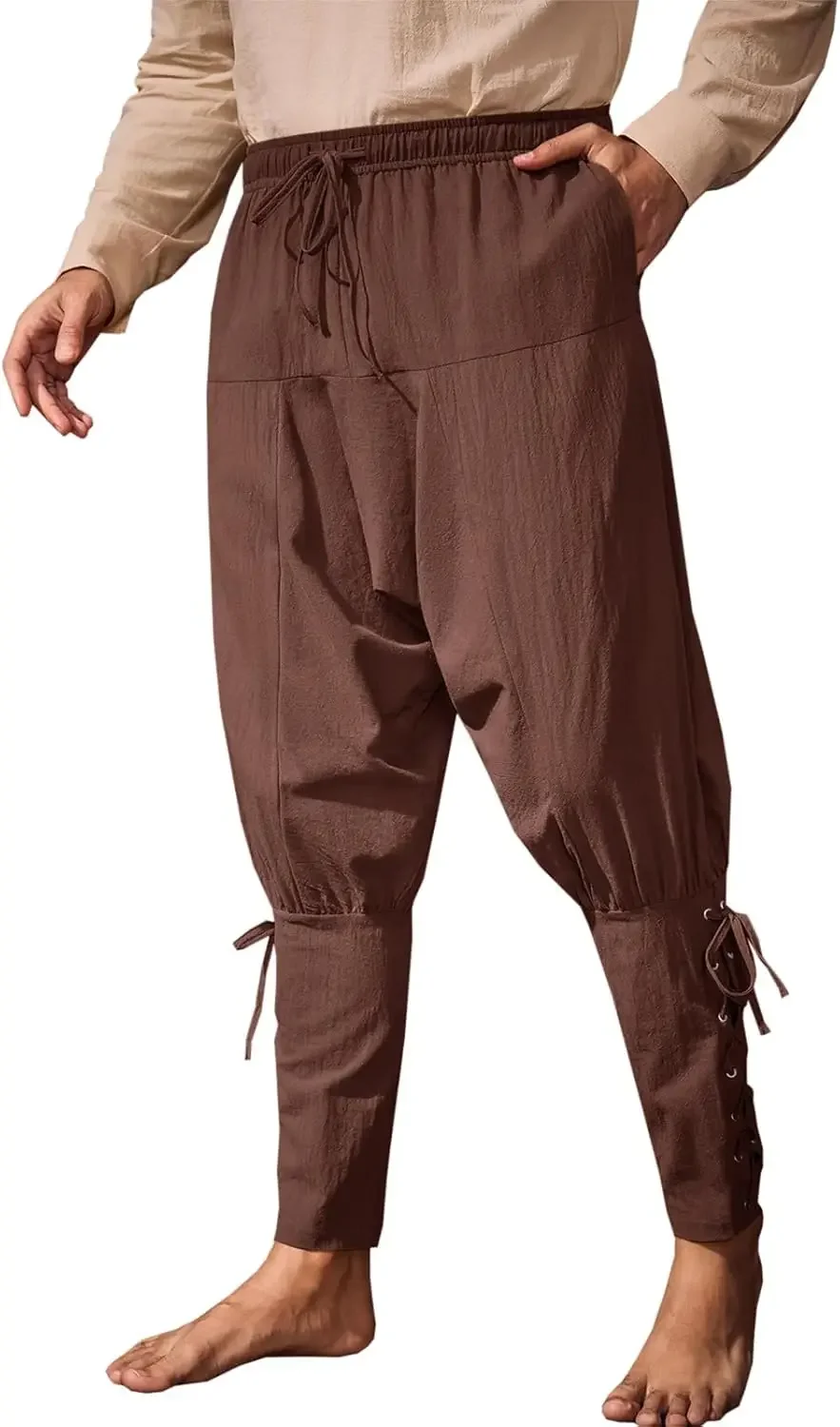 Mens Medieval Ankle Banded Pants Renaissance Viking Pirate Navigator Pants Lace Up Cotton Halloween Trousers