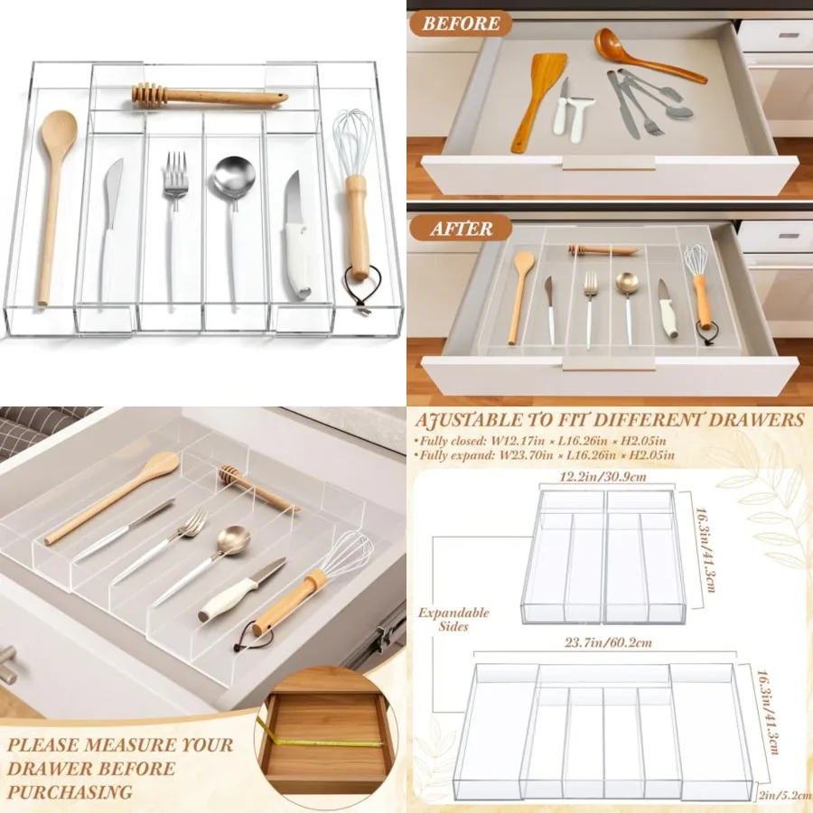 

1 Pack Epandable Kitchen Drawer Organizer Clear Acrylic Utensil Organizer Adjustable Acrylic Silverware Storage for Drawers Sil