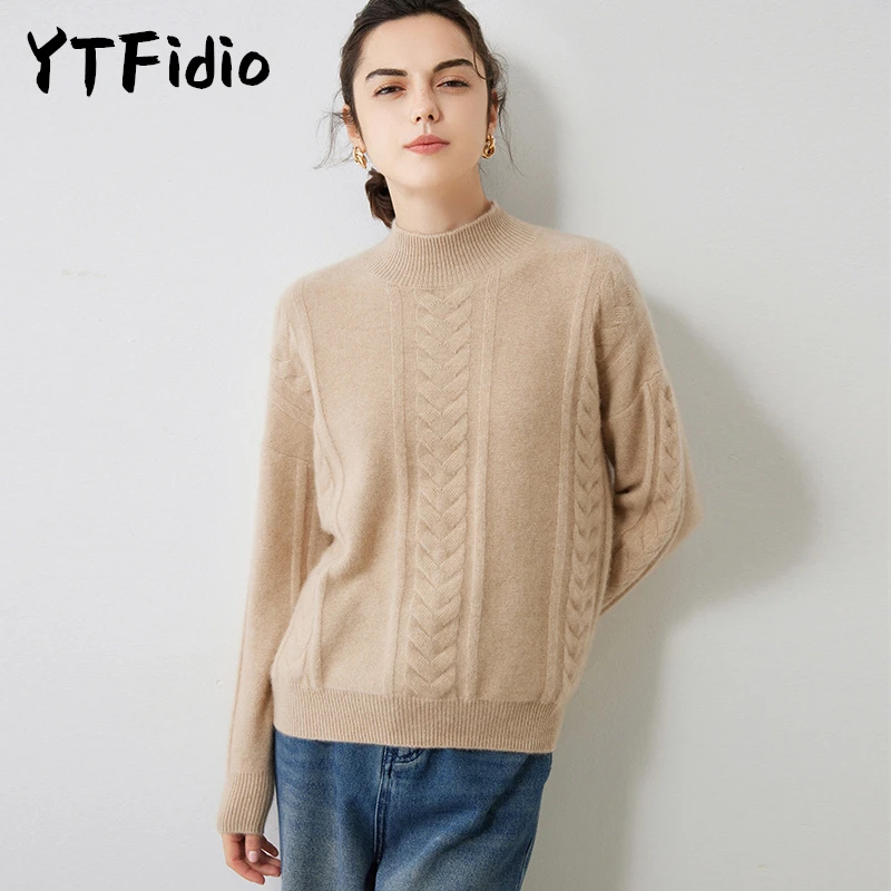 YTFidio 100% Cashmere Women Half high Collar Sweater Streetwear  Solid Knitwear Turtleneck  Loose Soft  Pullover Female Tops 20