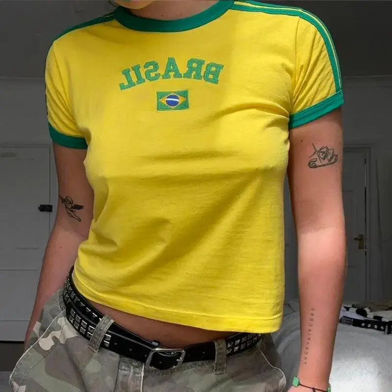 

2026 summer fashion new football sports style round neck women's T-shirt national flag letter embroidery pattern short slim.