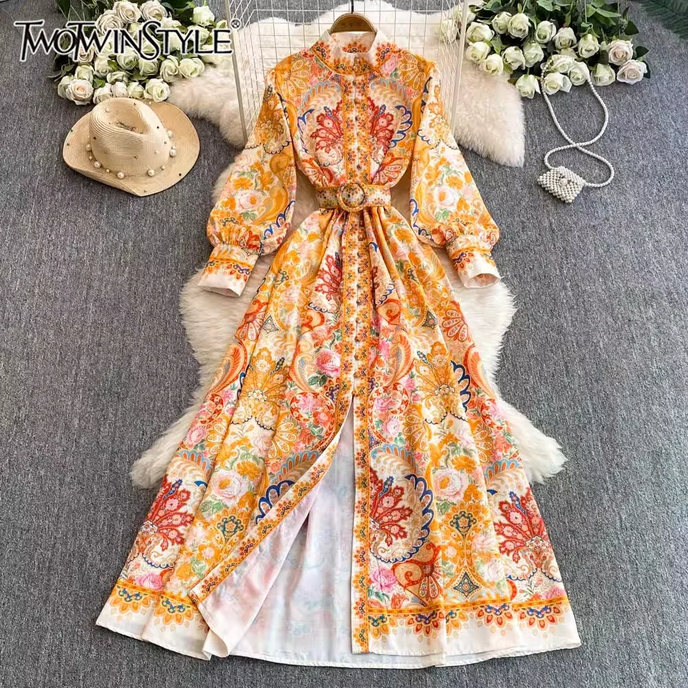 

TWOTWINSTYLE Floral Printted Casual Dress For Women O Neck Long Sleeve Patchwork Sashes Midi Dresses Female Fashion KDR513368