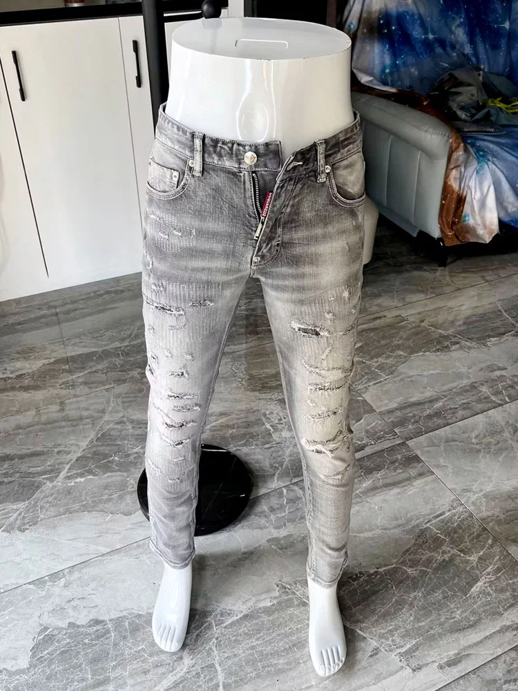 

Высококачественные мужские джинсы D2 для молодежи, зауженные, эластичные, повседневные, модные, городские, со средней посадкой, на молнии, летние