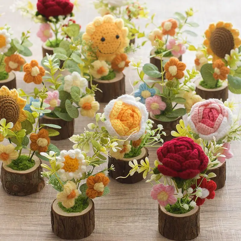 Hanrted Knitted Suower Bouquet Home Decorative Knitted Wool Plant Pot Fake Flower Home Decorations Meeting Table Flowers