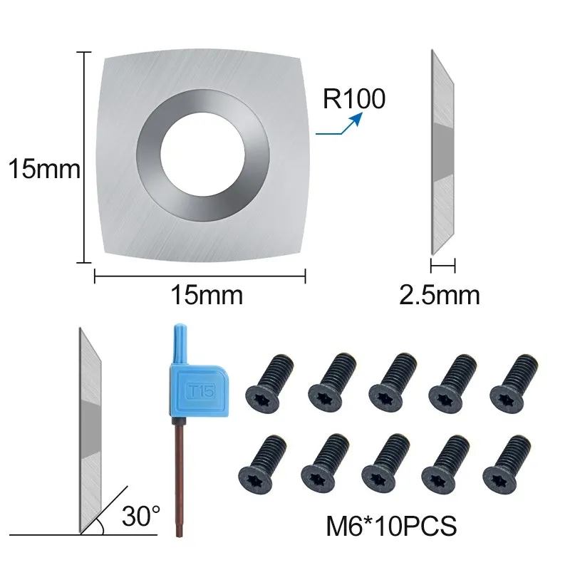 XCAN 15mm Carbide Insert 10pcs 15x15x2.5mm R100 Square Insert Blade Spiral/Helical Planer Cutter Wood Lathe Tool Turning Tools