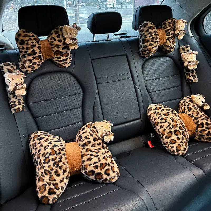 

Hello Kitty Car Neck Pillow Seat Belt Shoulder Cover Leopard Print Kitty Headrest Waist Support Car Decoration