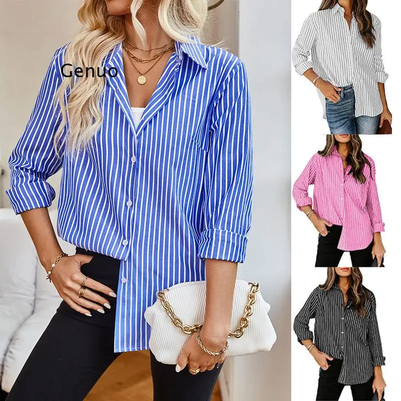 

2026 New Womens Striped Print Button Down Shirt Casual Loose Lapel Collar Long Sleeve Blouse For Commute
