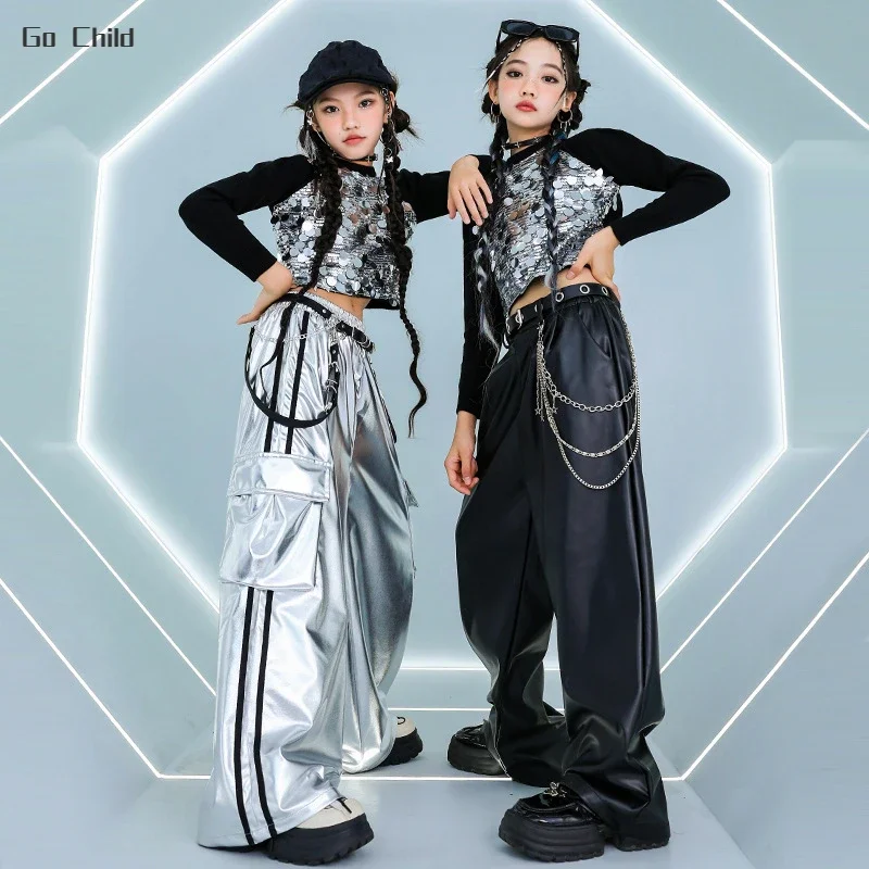 Hip Hop Girls K-pop Sequin Crop Top Shiny Silver Cargo Pants Street Dance Costumes Kids Streetwear Child Jazz Stage Clothes Sets