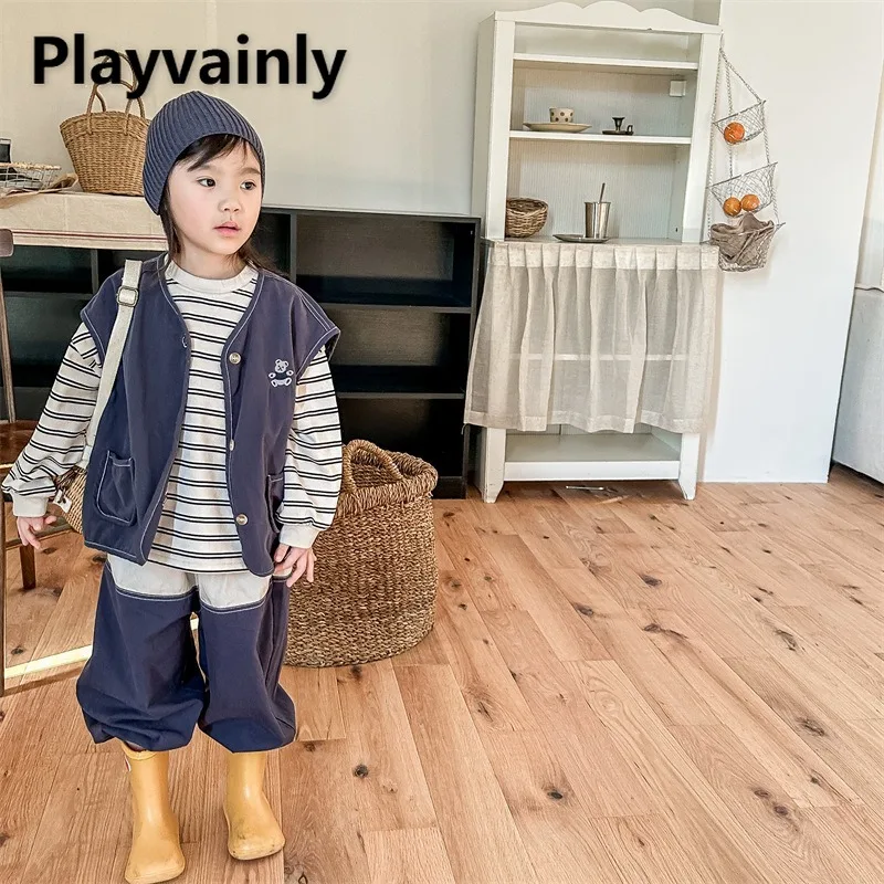 

Korean Style Girl Waistcoat Beige Blue Cartoon Bear Single Breasted Sleeveless Coats Kid Casual Vest for Spring and Autumn A1230