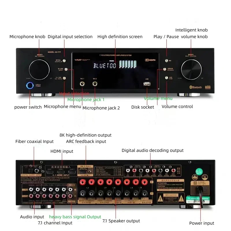 

High Quality 7.1 Home Theater System Amplifier 8 Channels Karaoke Amplifier Music Power 1700W Do&lby At&mos Amplifier