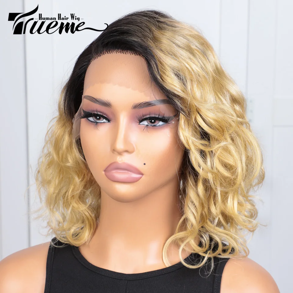 Trueme 613 Lace Front Wig Human Hair Wigs Brazilian Bouncy Curly Bob Wig Ombre Honey Blonde 613 Human Hair Lace Wig For Women