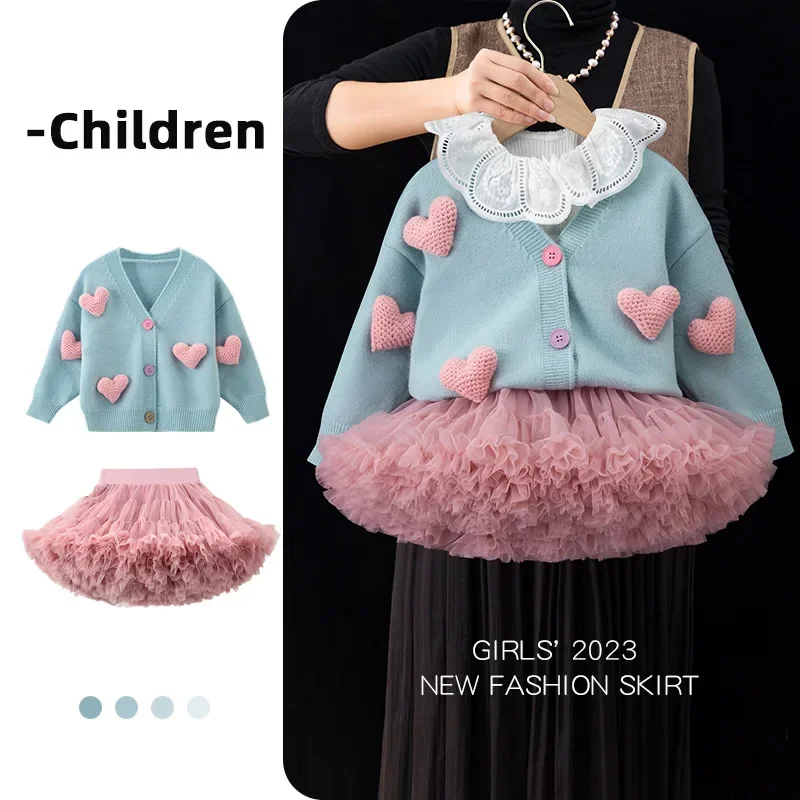 Children clothing girls long sleeved cardigan autumn 2023 new western-style sweater children\'s baby sweater love jacket