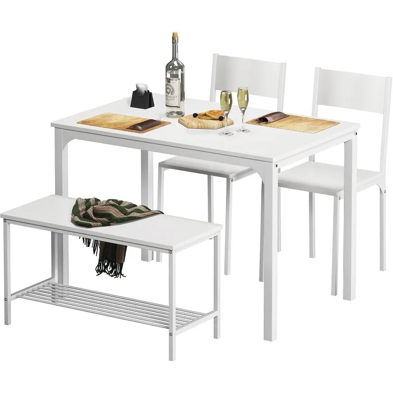 4 Person Dining Table Set, 43.3inch Kitchen Table Set for 4, Dining Room 2 Chairs with Backrest, 2-Person Bench  Storage Rack