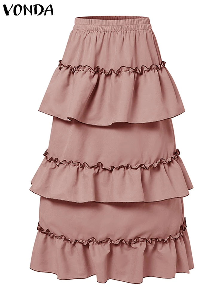 

VONDA Autumn Maxi Cake Skirts Women High Waist Skirts 2025 Fashion Ruffled Pleated Overskirts Casual Solid Color Long Faldas