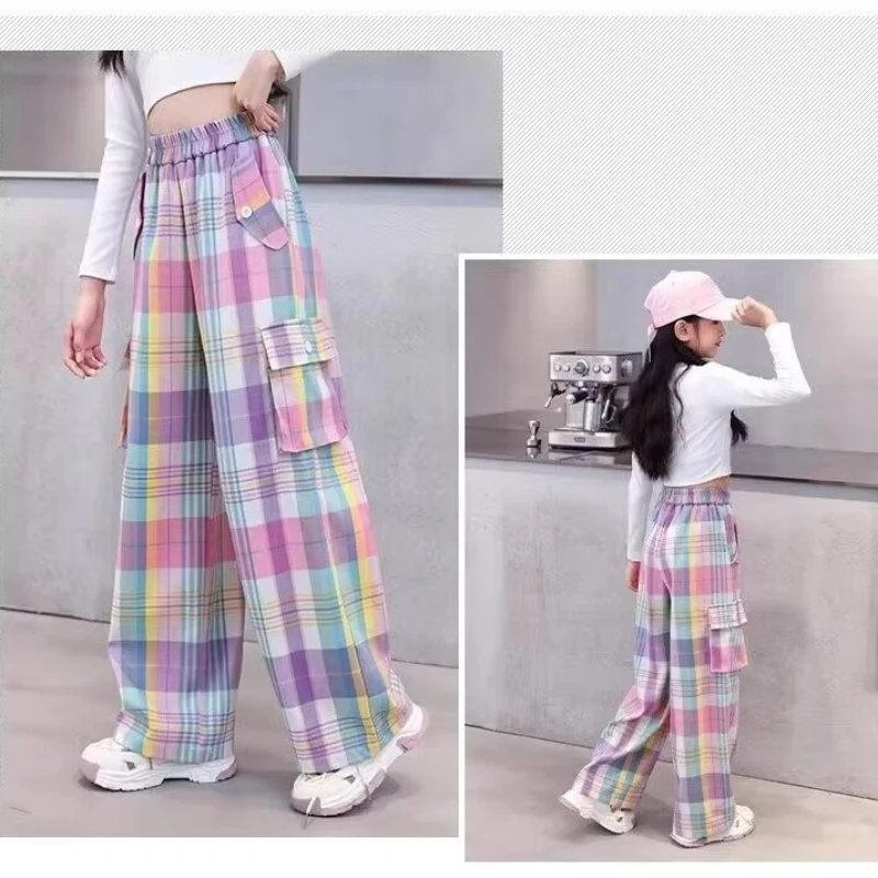 Girls Pants Children's Streetwear Casual Kids Clothes Spring Autumn Korean Fashion Plaid Large Size Sweatpants Girls Cargo Pants