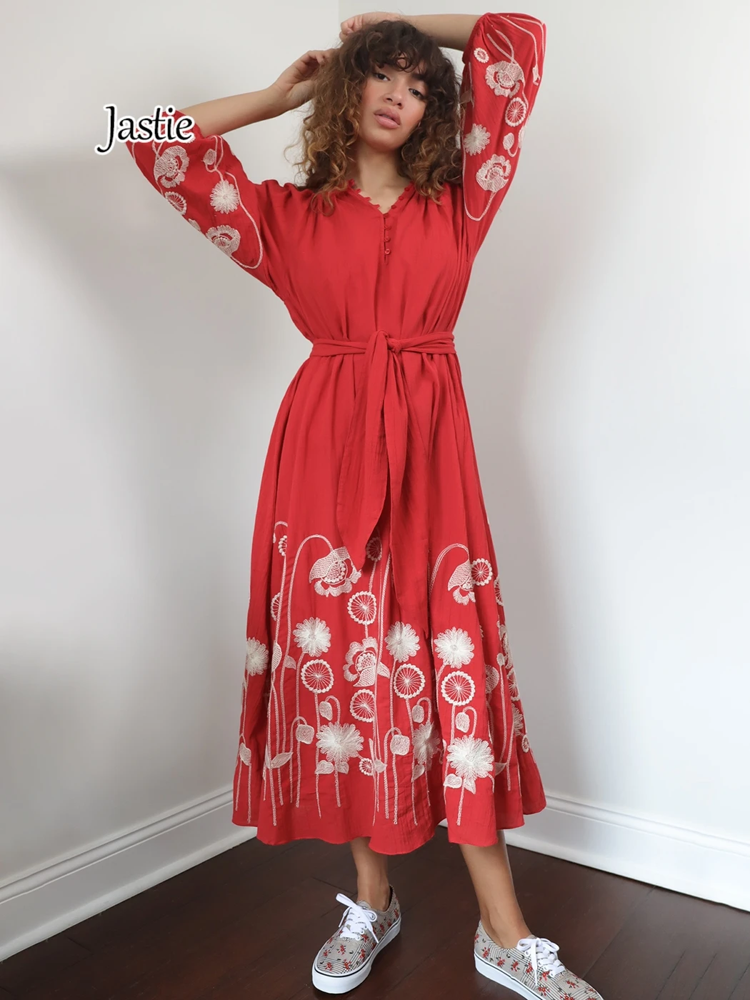 

Jastie Boho Floral Embroidered Dresses For Women Clothing 2024 Spring Summer Dress V-neck Belt Waist Casual Big Swing Midi Dress