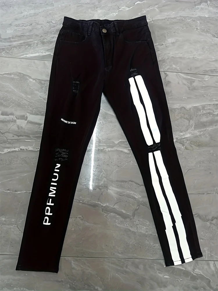 البوب شارع الجينز الرجال المشارب الطباعة الدنيم السراويل غسل بلون عادية منتصف الخصر بنطلون مطاطا سليم صالح ملابس يومية ركض